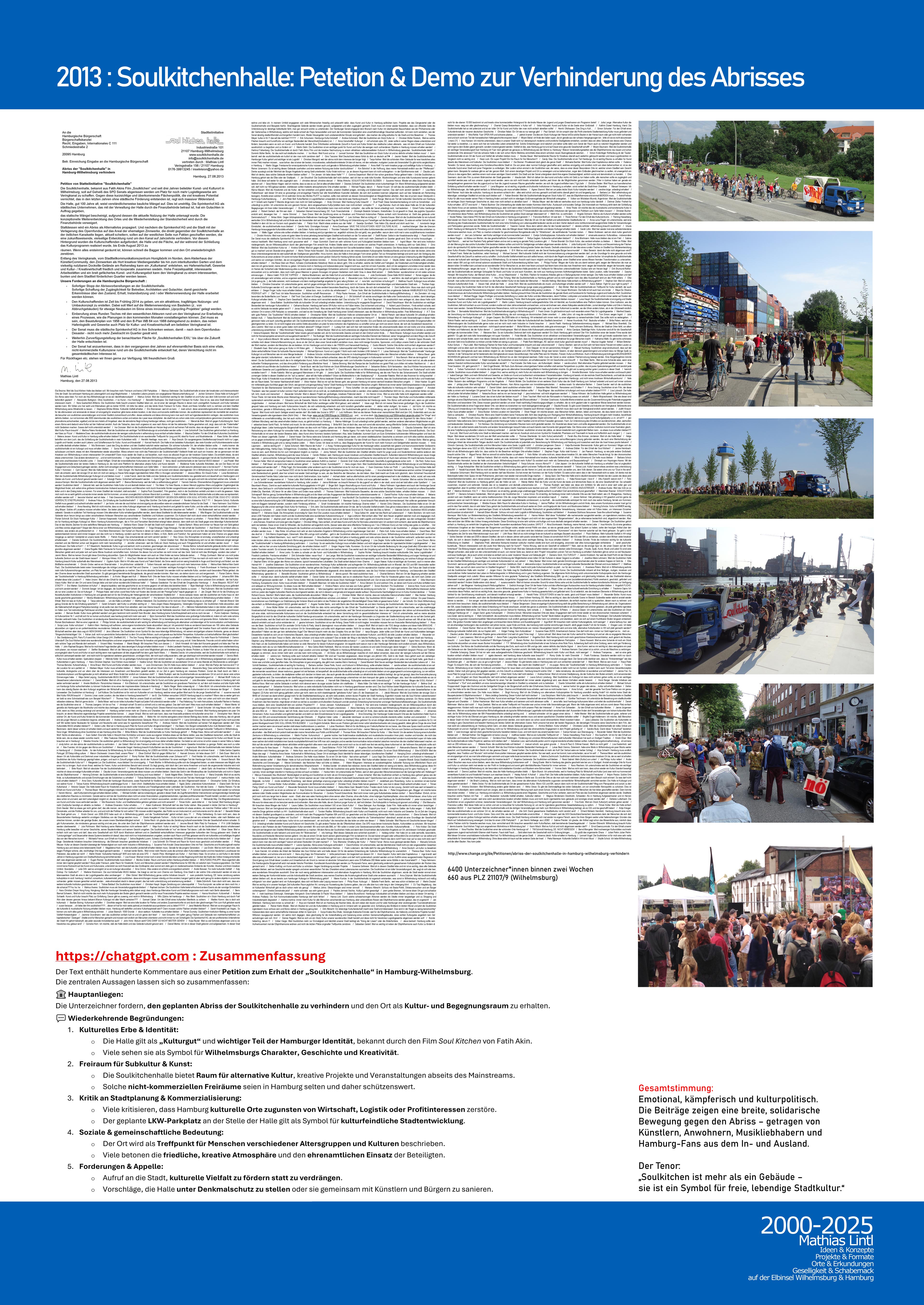 2000_2025 Mathias Lintl. Das Mittelwerk. 2013 : Soulkitchenhalle Petition, Kommentare & Einsatz der KI